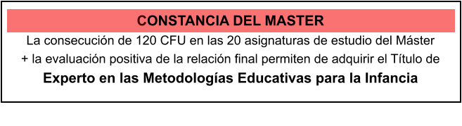 CONSTANCIA DEL MASTER La consecucin de 120 CFU en las 20 asignaturas de estudio del Mster  + la evaluacin positiva de la relacin final permiten de adquirir el Ttulo de Experto en las Metodologas Educativas para la Infancia