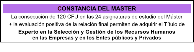 CONSTANCIA DEL MASTER La consecucin de 120 CFU en las 24 asignaturas de estudio del Mster  + la evaluacin positiva de la relacin final permiten de adquirir el Ttulo de Experto en la Seleccin y Gestin de los Recursos Humanos en las Empresas y en los Entes pblicos y Privados